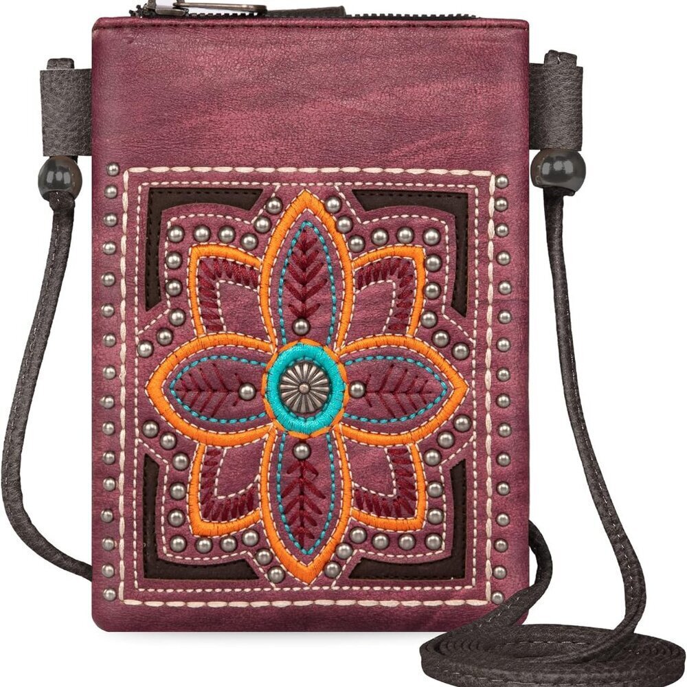 Small Western Vegan Leather Crossbody Phone Bag with Fringe Silver Studs